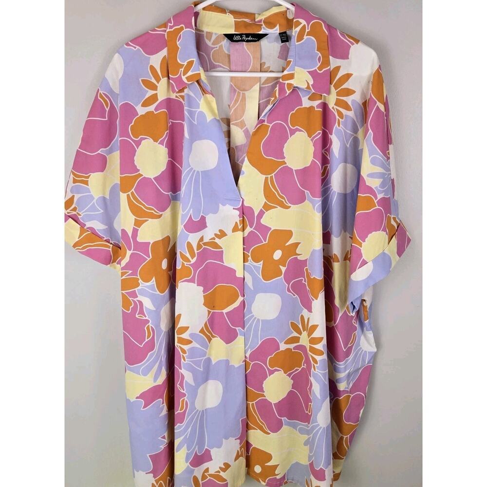 Ulla Popken Vibrant Floral Short-sleeve Blouse Sz 28/30 RETRO COASTAL GRANDMA